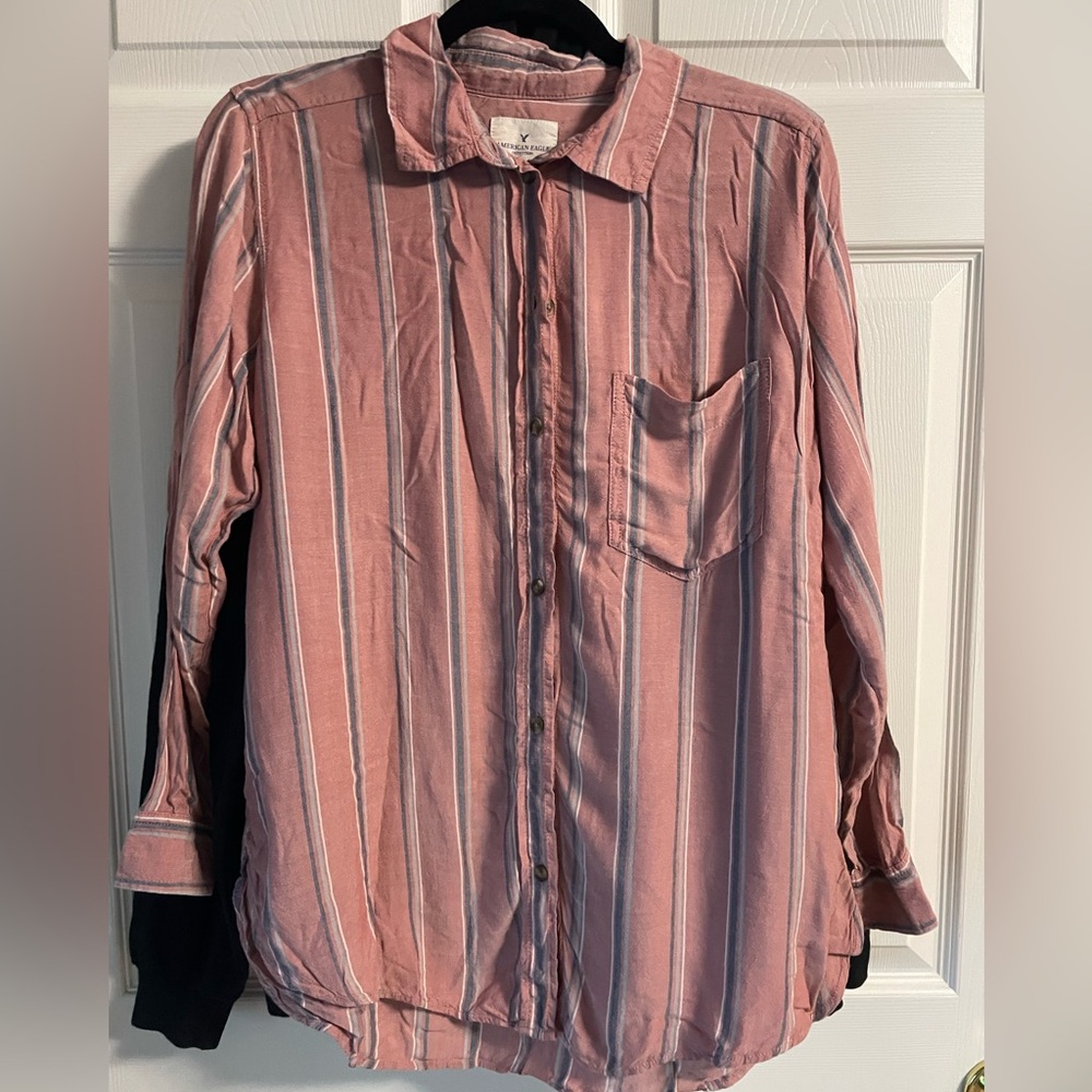 American Eagle Oversized Fit Coral and Navy Striped Button-Down Shirt